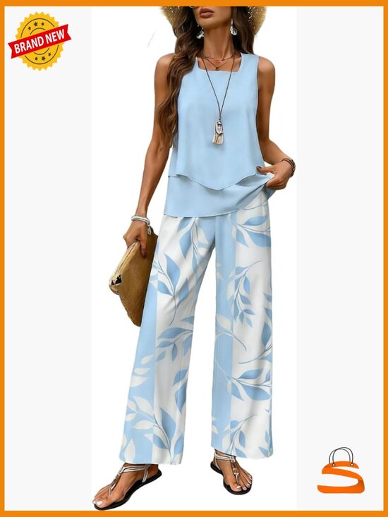 Pants - Sleeveless Tiered Vest Top & Wide Leg Long Pants Lounge Set 2 Piece